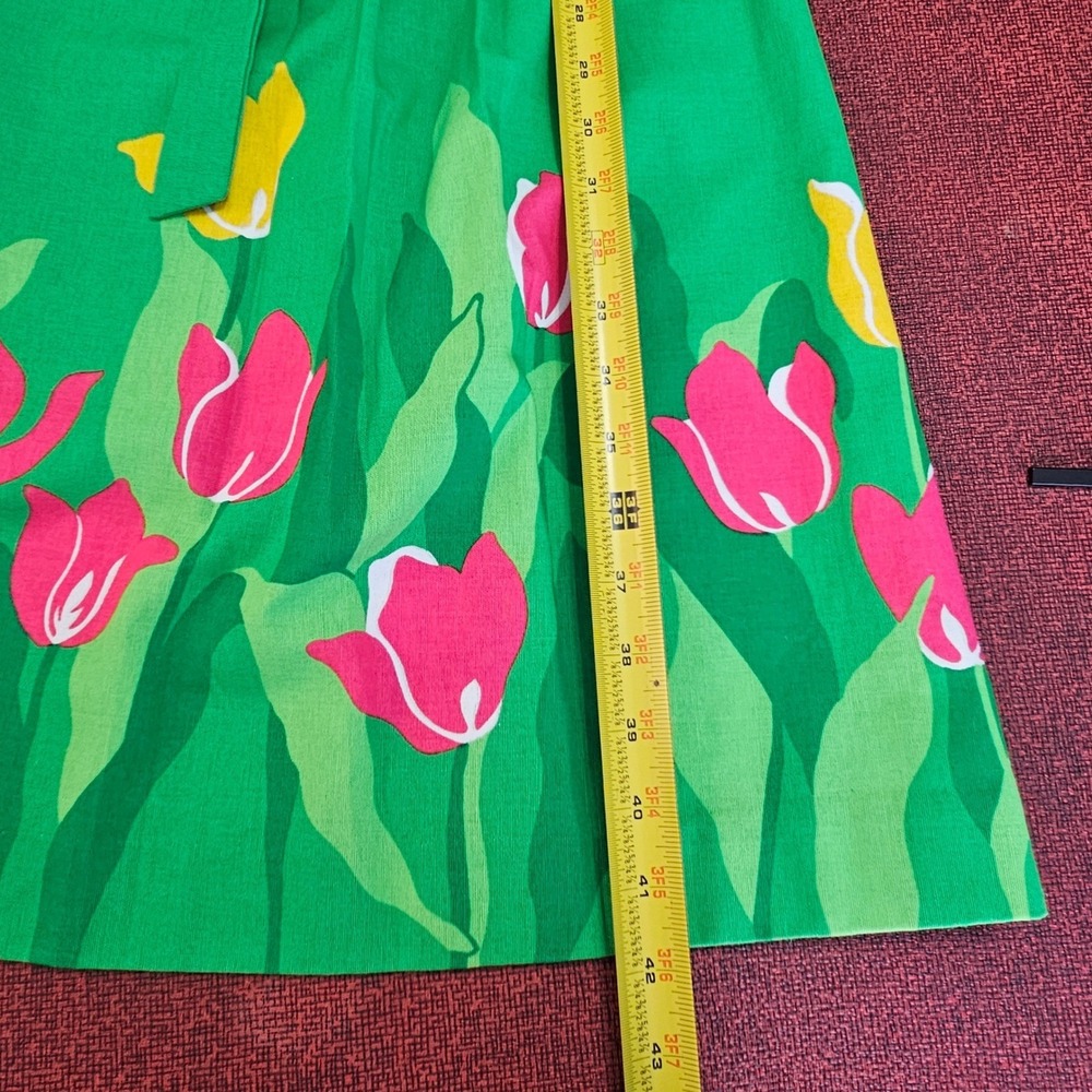 Vintage 60s Malia Honolulu Hawaiian Sundress 10 Green Tulip Border Belted Resort - Picture 13 of 15